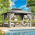 VIWAT 10x12 FT Hardtop Gazebo with Aluminum Frame, Galvanized Steel Double Roof Gazebo with Nettings and Curtains, Permanent Outdoor Metal Pavilion for Patio, Deck, Lawn and Garden, Gray