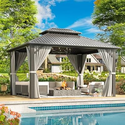 VIWAT 10x12 FT Hardtop Gazebo with Aluminum Frame, Galvanized Steel Double Roof Gazebo with Nettings and Curtains, Permanent Outdoor Metal Pavilion for Patio, Deck, Lawn and Garden, Gray