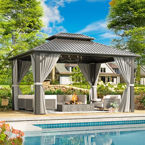 VIWAT Gazebo de techo rígido con marco de aluminio, glorieta de doble techo de acero galvanizado con redes y cortinas, pabellón de metal permanente para exteriores, para patio, terraza, césped y
