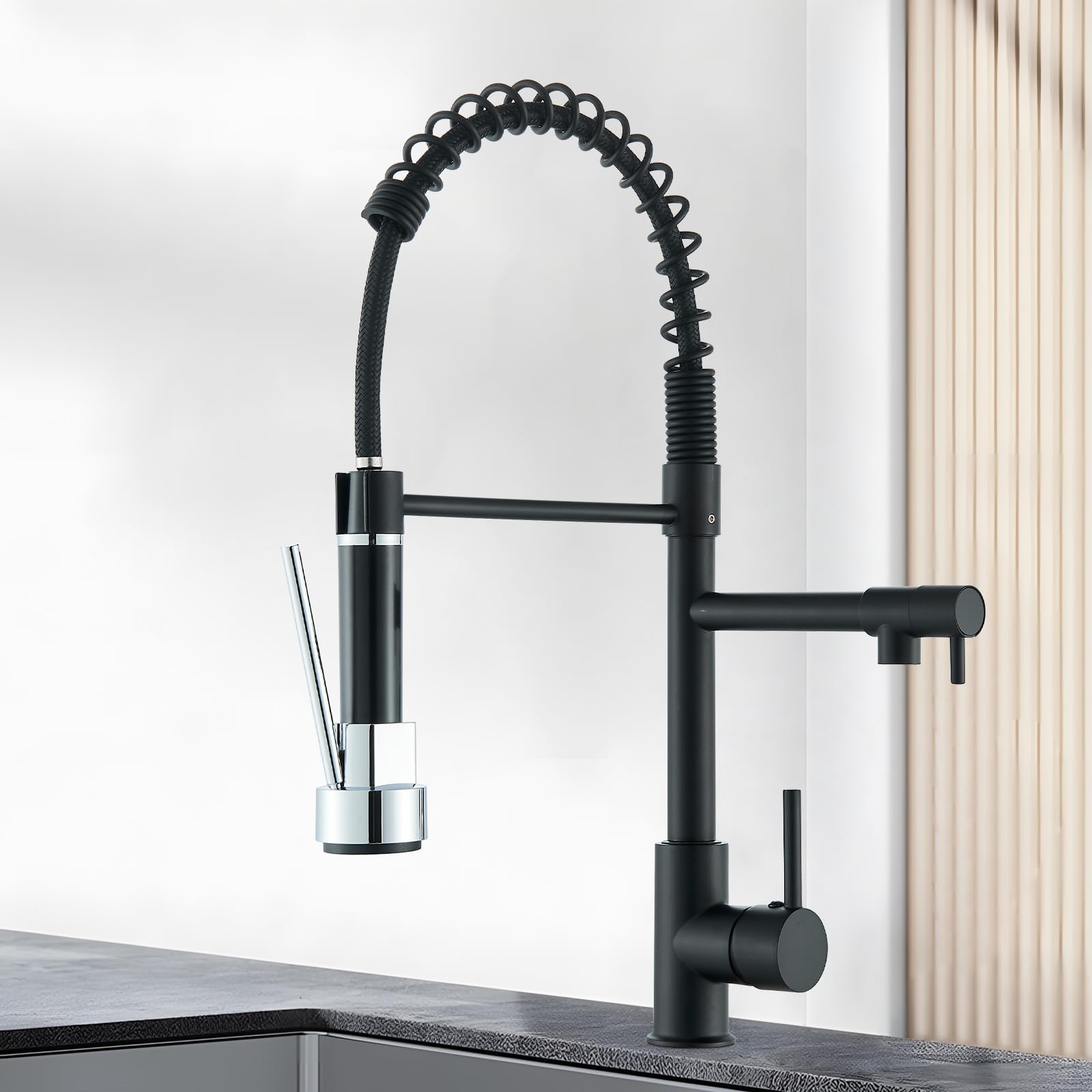 Robinet de Cuisine Noir Mitigeur Deux Jets Douchette Flexible Pivotante Rétractable Bec Haut Arc Élevé Rotatif 360°