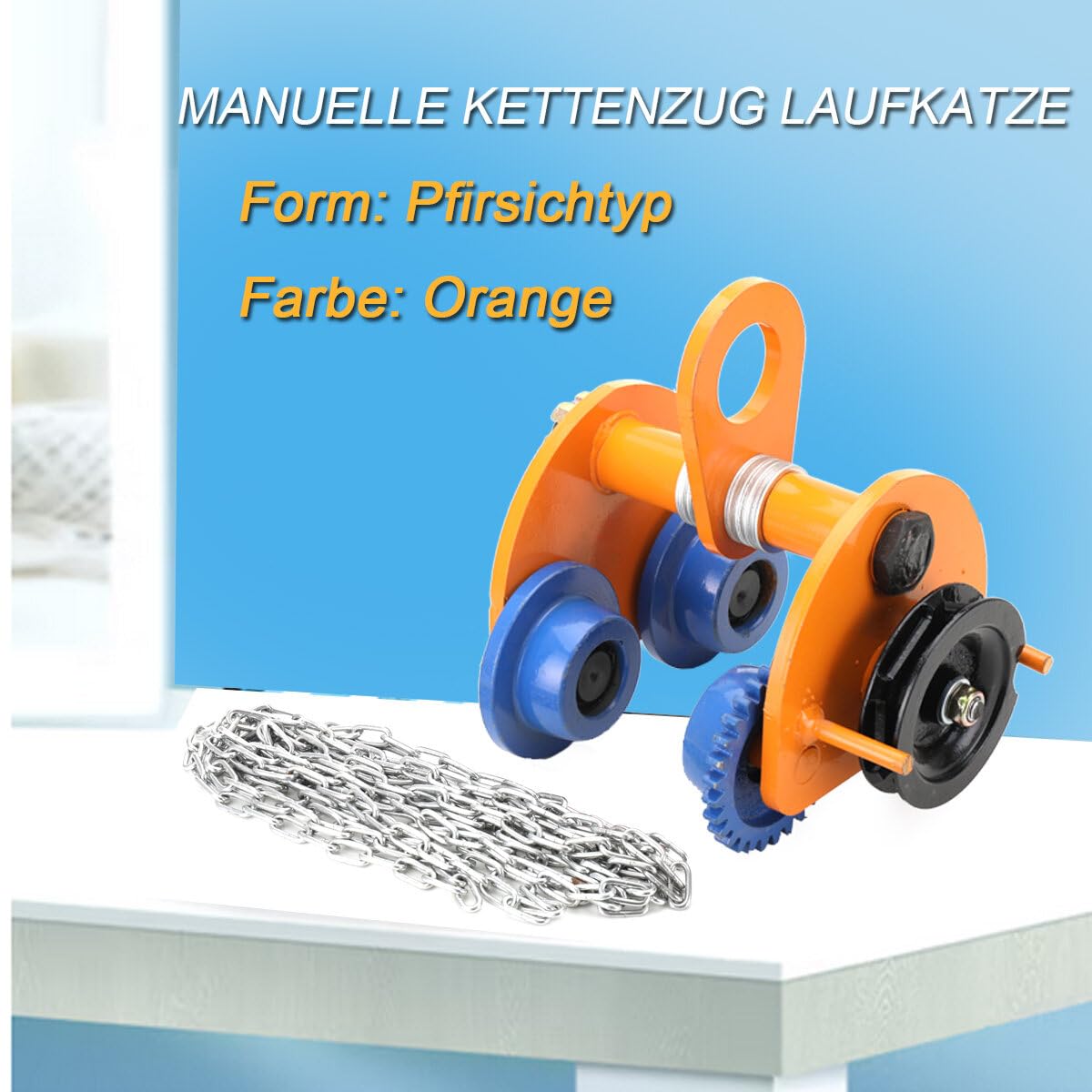 Laufkatze 2000kg Tragkraft Rollfahrwerk mit Doppelrädern, für I-Strahlbreite 94-124mm, Manuelle Kettenzug Laufkatze mit 3m Ketten