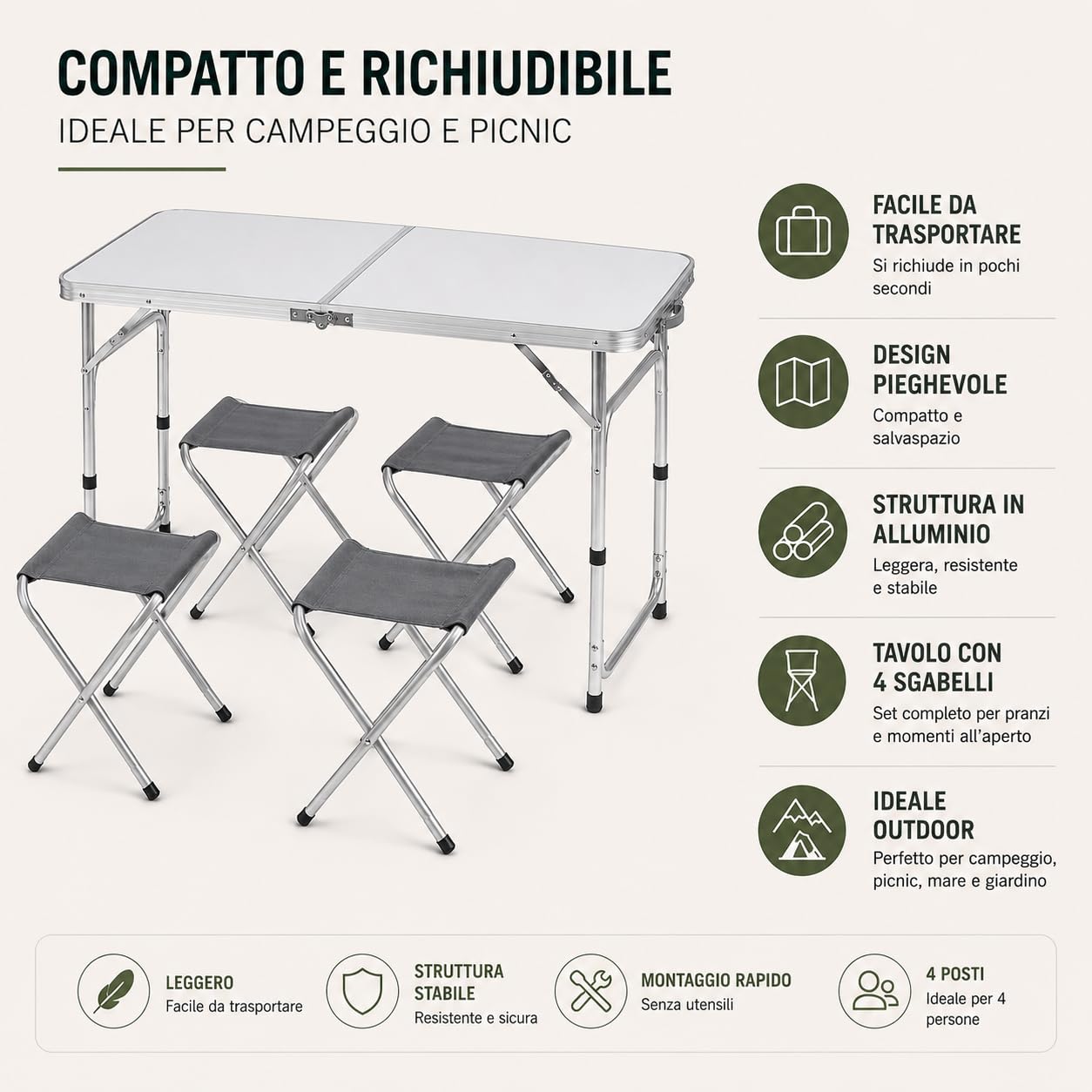 Generico Tavolo Campeggio Pieghevole con 4 Sgabelli Inclusi, Set Tavolino Pic Nic in Alluminio 120x60x70 cm, Tavolo Portatile Richiudibile per Mare Giardino Campeggio e Outdoor