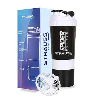 STRAUSS Spider Gym Shaker Bottle | Shakers for Protein Shake with 2 Storage Compartment | Leakproof Gym Protein Shaker for Post and Pre-Workout Drink | 100% BPA Free (500 ML, Pack of 1,White) - image, photos