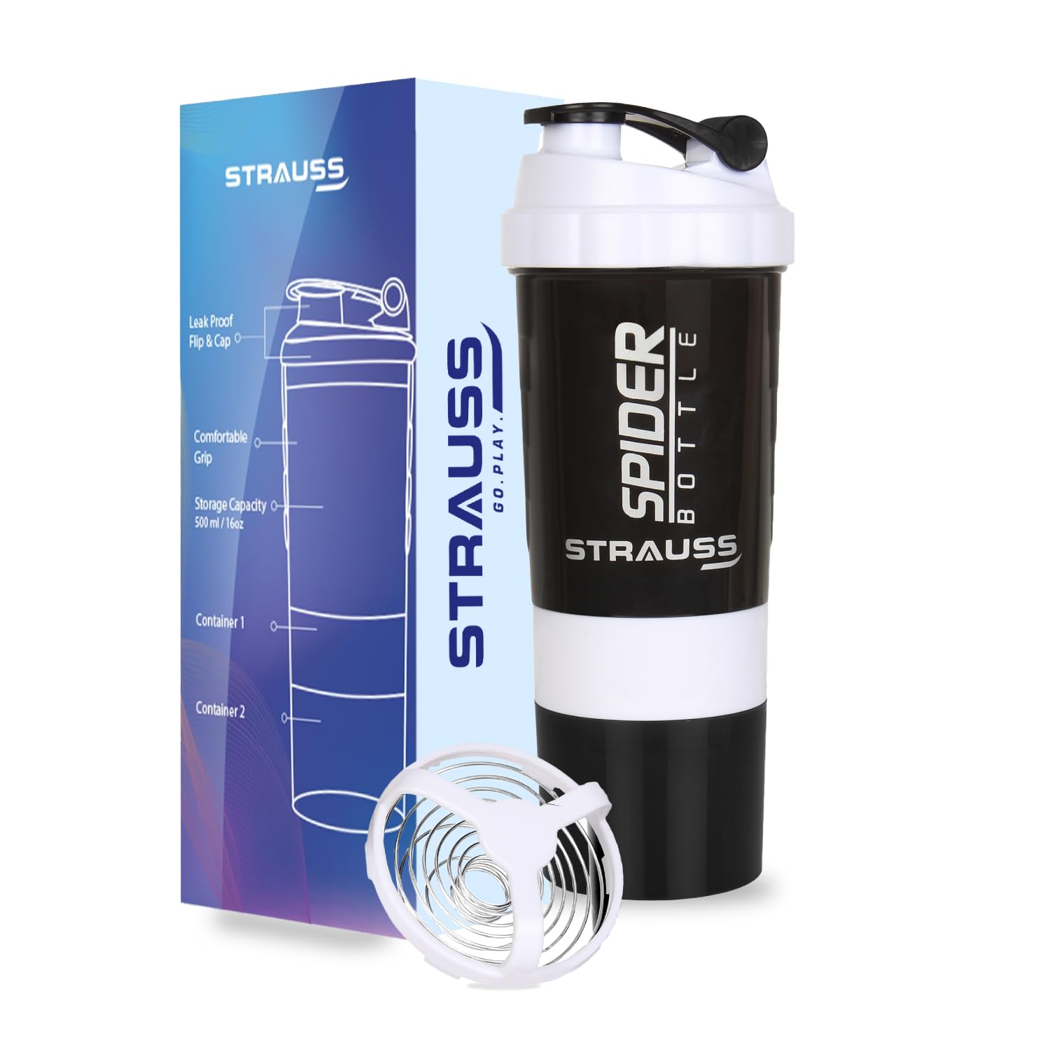 STRAUSS Spider Gym Shaker Bottle | Shakers for Protein Shake with 2 Storage Compartment | Leakproof Gym Protein Shaker for Post and Pre-Workout Drink | 100% BPA Free (500 ML, Pack of 1,White)-image-45