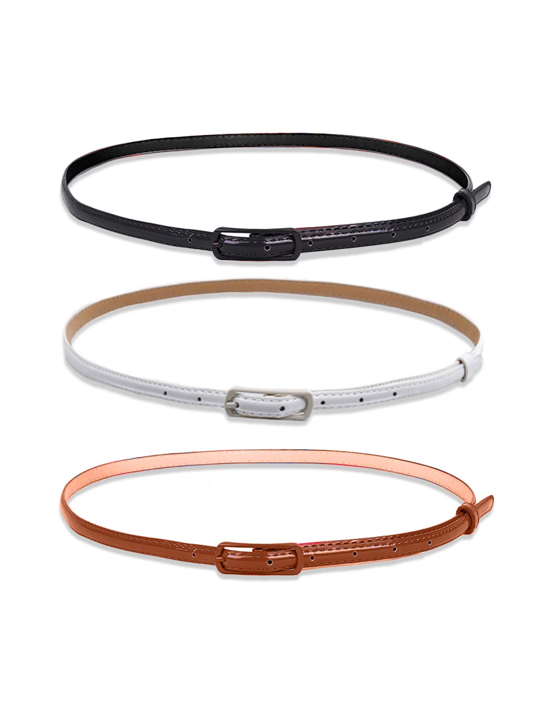 sourcing map Womens Patent Leather Skinny Belt for Jeans Dress Pants with Alloy Buckle Black+White+Khaki waist:29-32