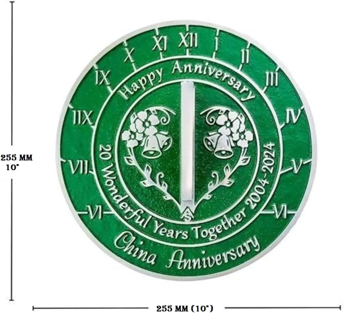 20th China Wedding Anniversary 2004-2024 Metal Home Decor Sundial | Garden Present Idea for Couple Him Her Parents Handmade Anniversary 20 Year Celebration Sundial 10" Green
