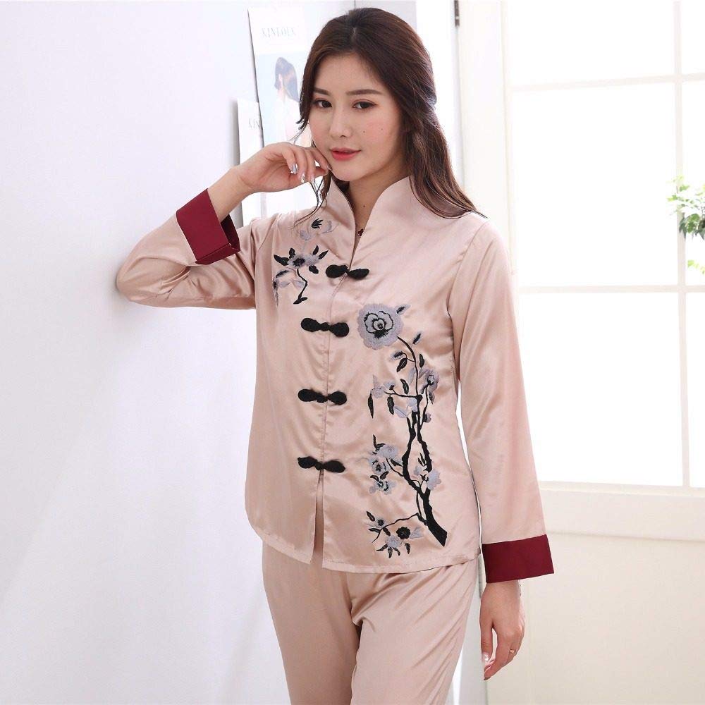 YUHOOE Pijamas De Mujer,Conjunto De Pijama De Satén con Bordado Floral De Estilo Chino,Ropa De Dormir De Manga Larga,Pijama Cómodo Y Sedoso,Ropa De Dormir para Damas,Caqui,L