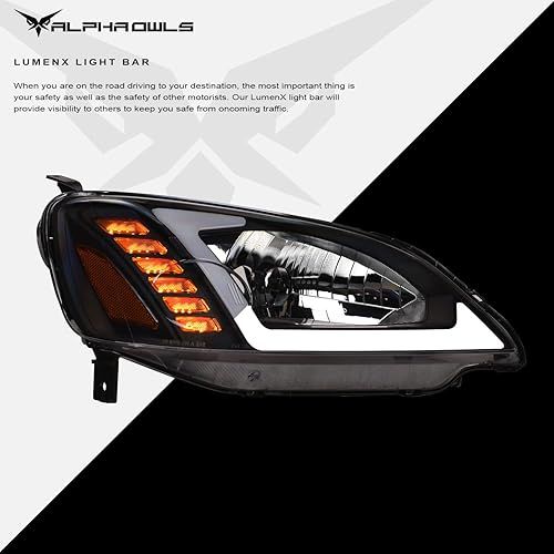 Miniatura 3 de Alpha Owls 8719718 - Faros delanteros de cristal con barra de luz LED blanca y luz de señal secuencial, ámbar negro para Honda Civic 2001-2003 2
