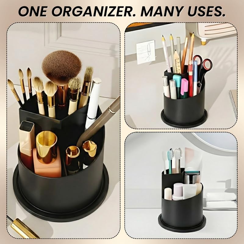 Image of OCEANEVO Cosmetic Makeup Brush Holder with Makeup Sponge, Dustproof Makeup Brush Organiser Stand with 360 Rotatable Lid - 12.5 x 27 Cm - Black - Diamond Pattern - 1 Year Warranty