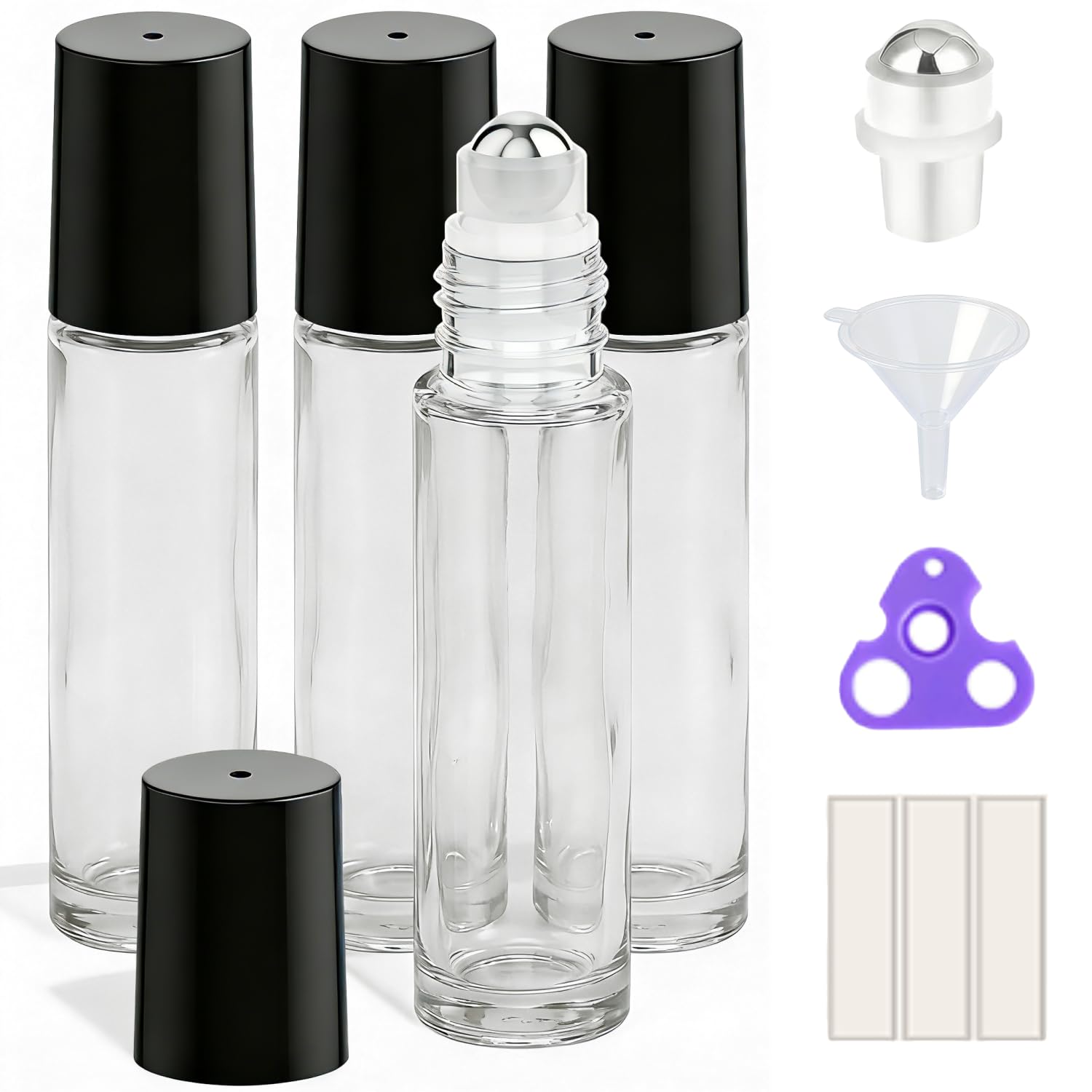 PrettyCare 4 Pack, 10 ml Essential Oil Roller Bottles with Stainless Steel Roller Ball - Refillable Leak-proof Empty Thick Clear Glass Roll on Bottles