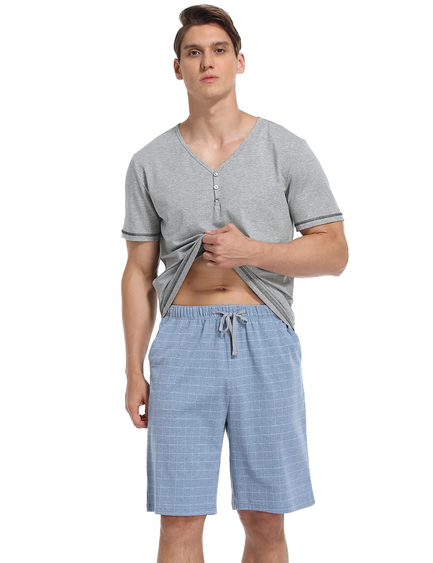 COLORFULLEAF Herren-Pyjama-Set, 100 % Baumwolle, kurzärmelig, Knopfleiste, gekerbter Kragen, Nachtwäsche, weicher Lounge-Pyjama mit Taschen