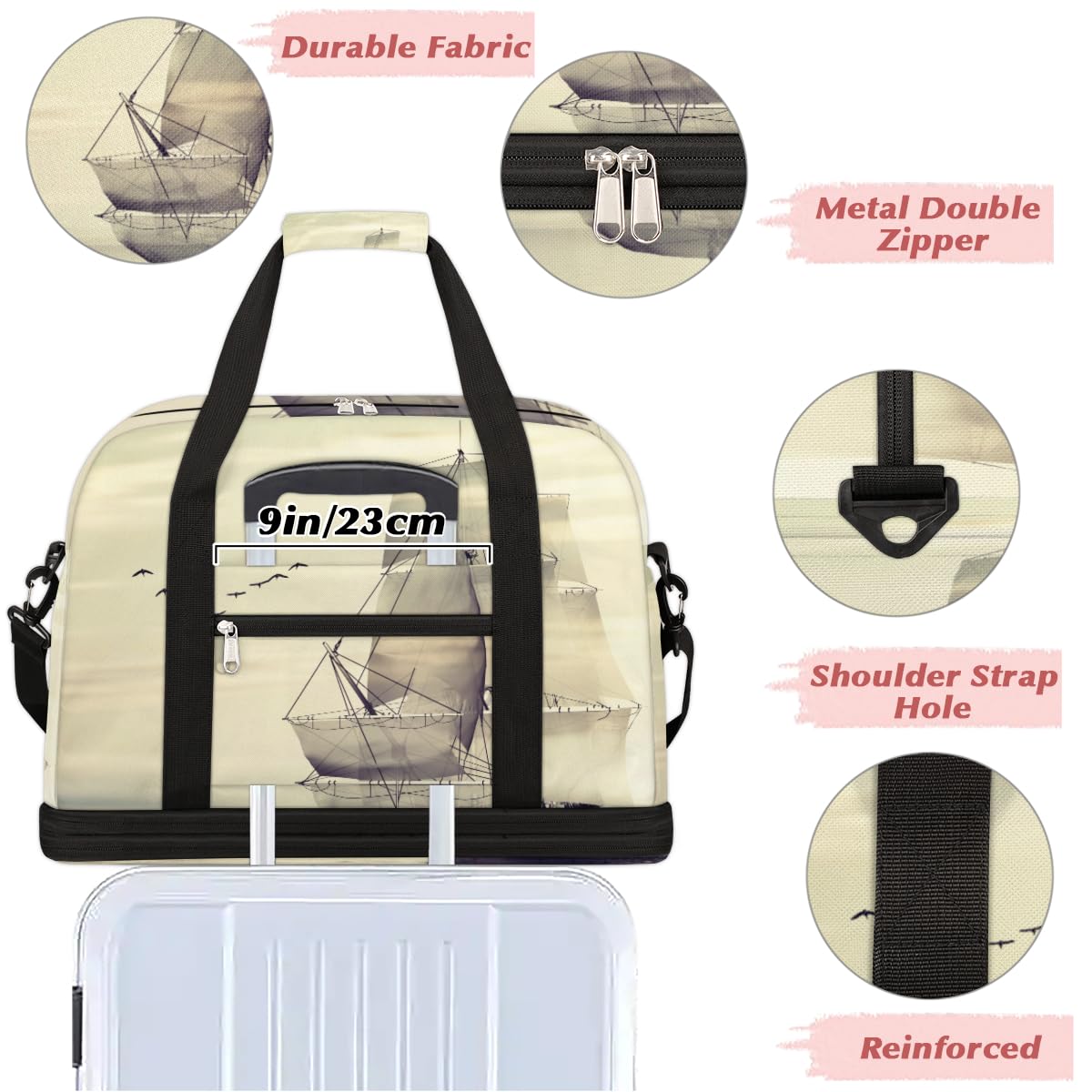Ocean Sailboat - Bolsa de viaje plegable de 47 L, bolsa de fin de semana con funda de carrito para hombro, bolsa de hombro separada para deportes, gimnasio, viajes, multicolor, 47L, Bolsa de viaje