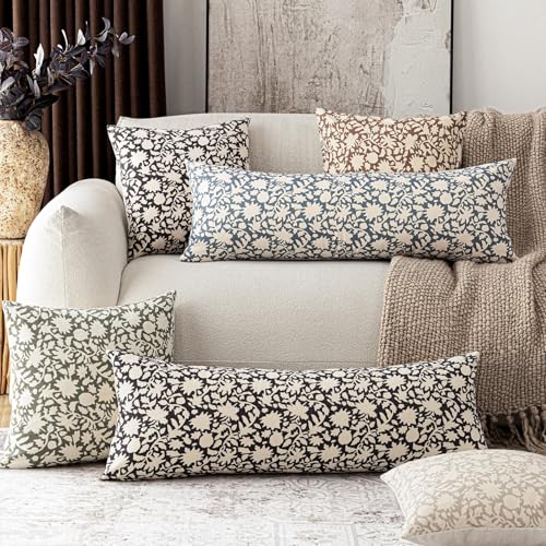 Image of Foindtower Set of 1 Decorative Long Body Lumbar Throw Pillow Covers Accent Farmhouse Cushion Cover Neutral Floral Pillowcase for Couch Sofa Bedroom Living Room Home Decor,14x36 Inch,Dusty Blue