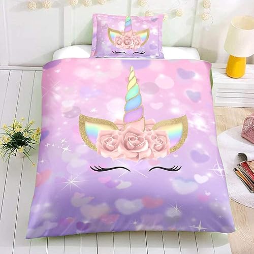 Miniatura 8 de ADASMILE A & S Juego de ropa de cama de unicornio tamaño individual para niñas, juego de ropa de cama para niñas con estampado floral de corazón