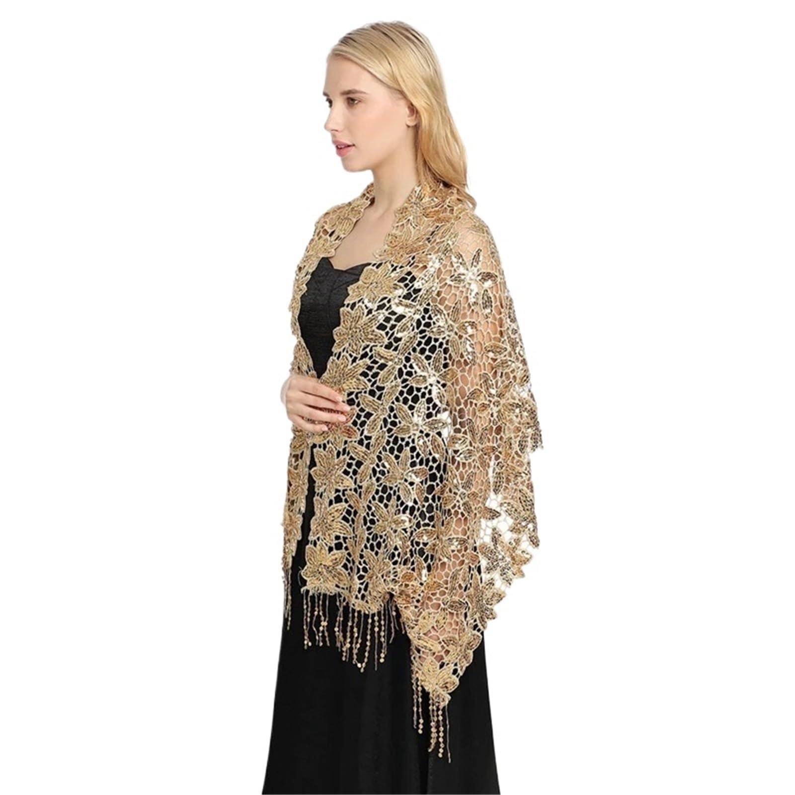 Chal Boda Vestido Formal con Capas de Chal Floral de Encaje for Mujer de Boda Transparente for Fiesta de Novia con Lentejuelas Doradas para Fiestas de Noche, Boda(Black Gold)