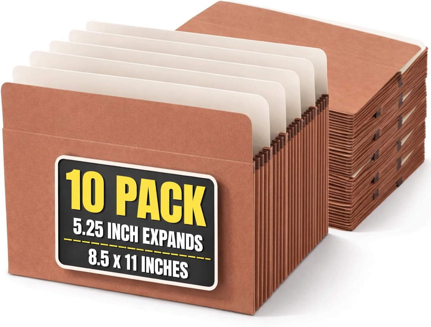 1InTheOffice Expanding File Pockets, Accordion File Organizer, Letter Size, Brown Redrope, 8 1/2" x 11", 1200 Sheet Capacity, 5 1/4", 10 Pack