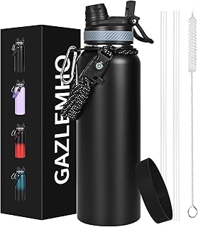 GAZLEMHO 40 oz Insulated Water Bottle with Straw& Spout 2-in-1 Lid, Triple Wall Vacuum Stainless Steel Cold 48H, Leak Proof Sports Metal Flask Jug with Paracord Handle, Black
