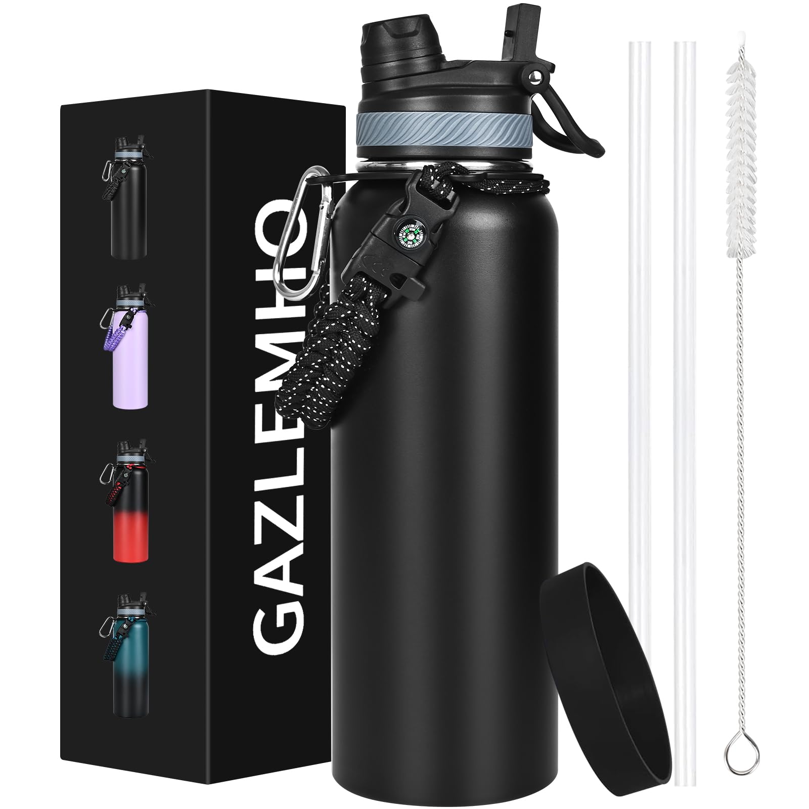 GAZLEMHO 40 oz Insulated Water Bottle with Straw& Spout 2-in-1 Lid, Triple Wall Vacuum Stainless Steel Cold 48H, Leak Proof Sports Metal Flask Jug