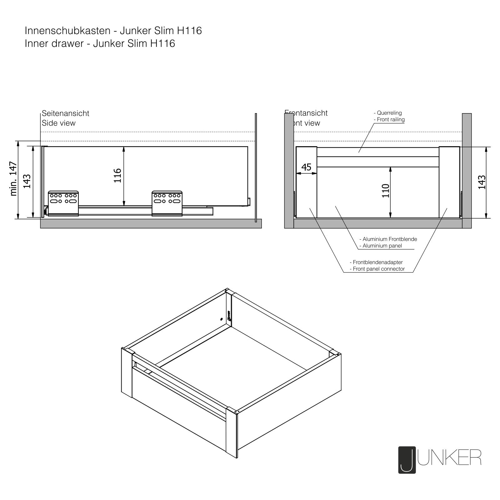 SOTECH Schubladensystem JUNKER SLIM mit Push to Open anthrazit Höhe 116 mm