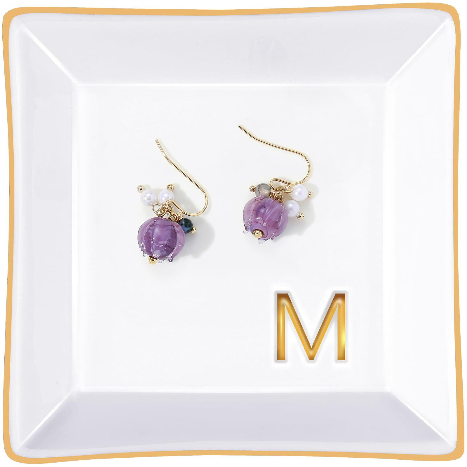 PUDDING CABIN Initial Ring Holder Jewelry Tray, Personalized M-Monogrammed Engagement Wedding Gifts for Bridesmaid, Bride, Birthday Christmas Gifts