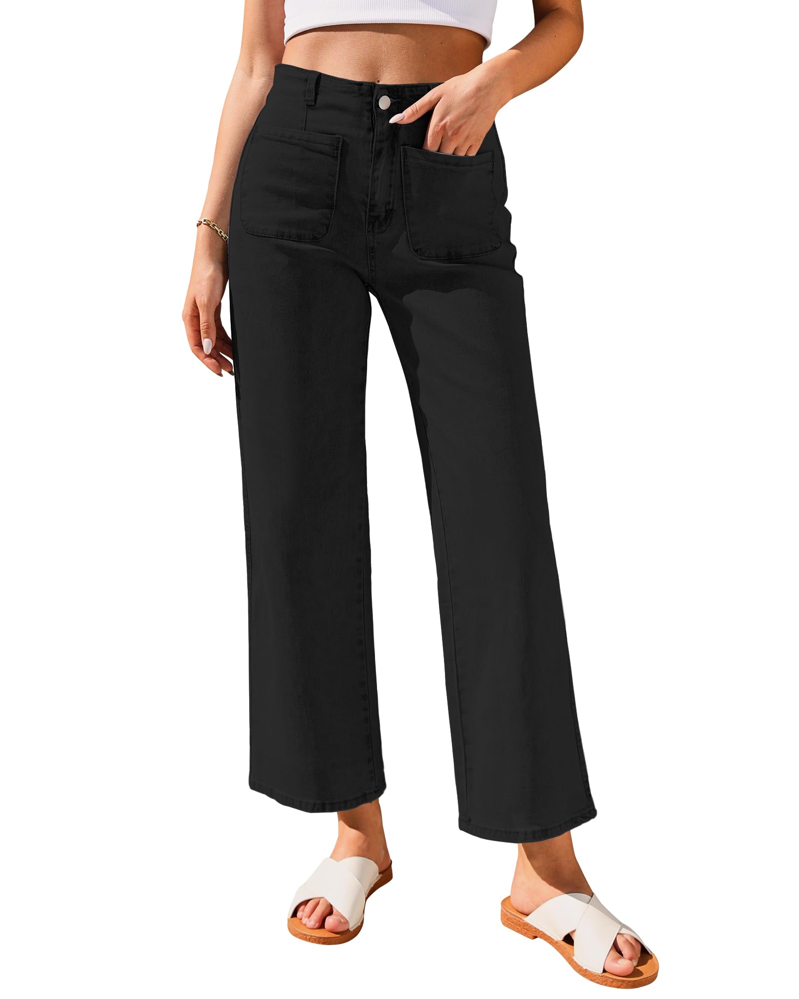 GRAPENT Wide Leg Jeans for Women High Waisted Straight Leg Stretchy Cropped Denim Pants with Pockets Jean Trousers