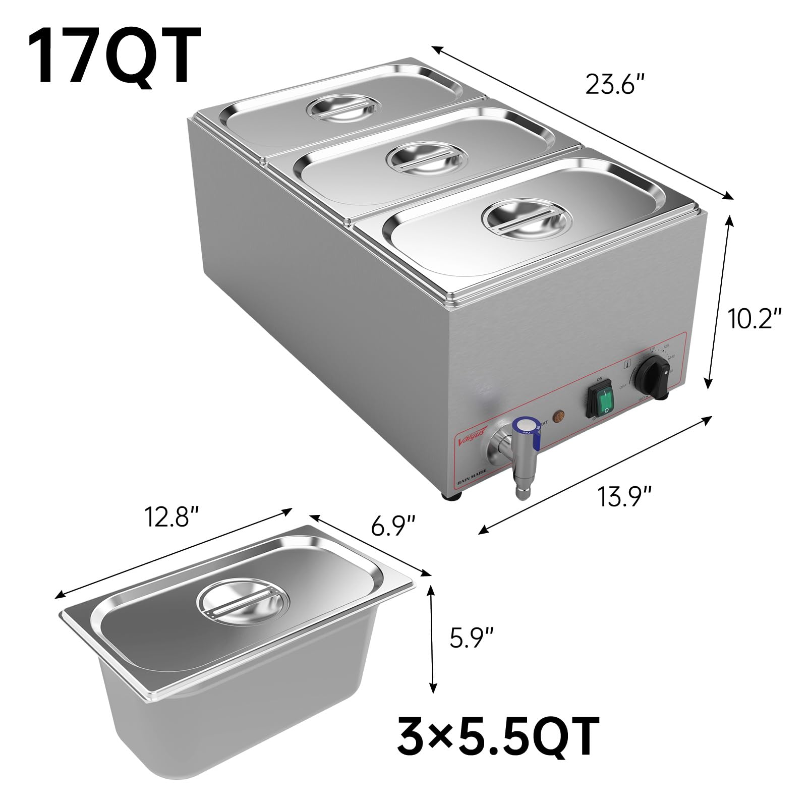Valgus Commerciale Acier Inoxydable 3 Sections 16L Bain Marie RéChauffeur De Table éLectrique Vapeur avec Couvercle Et Robinet pour FêTes, Banquets Et éVéNements De Restauration