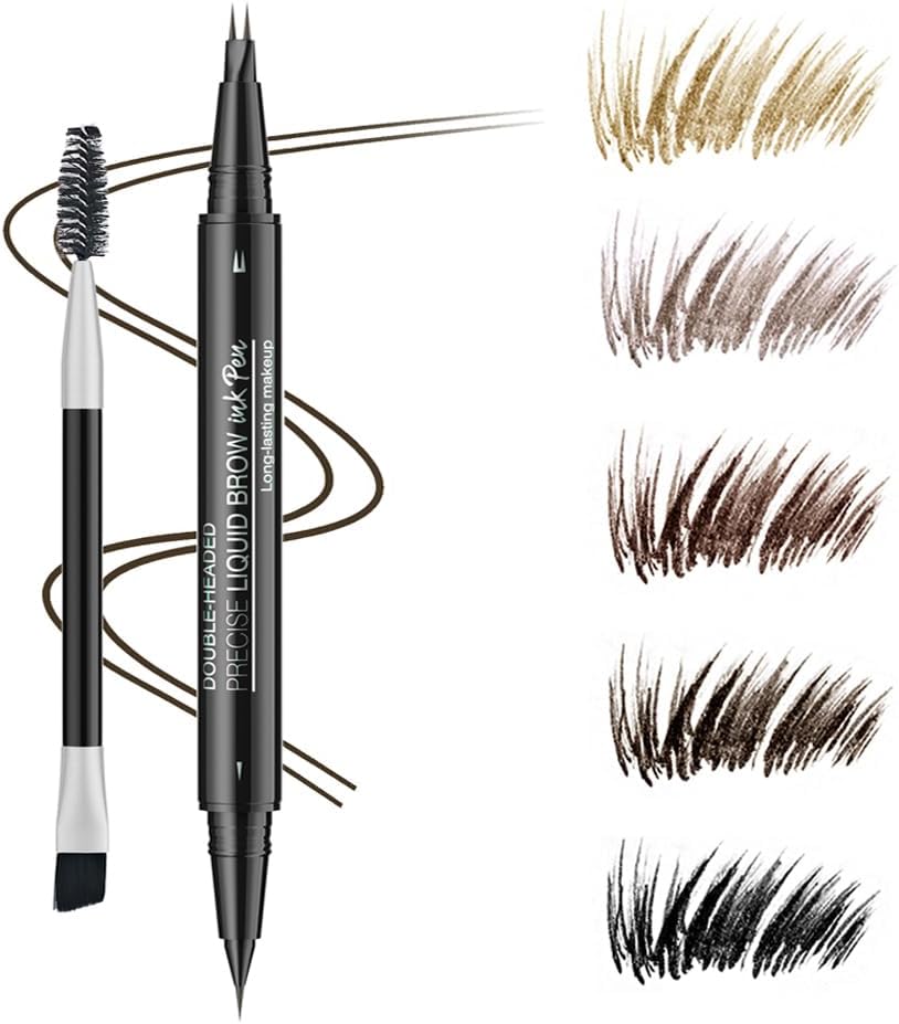 5 Shades Eyebrow Pen, Duo Brow Microfilling Fork-Tips & Precise Tip, Natural Eyebrow Makeup Set with Spoolie Brush (#3 Dark Brown)