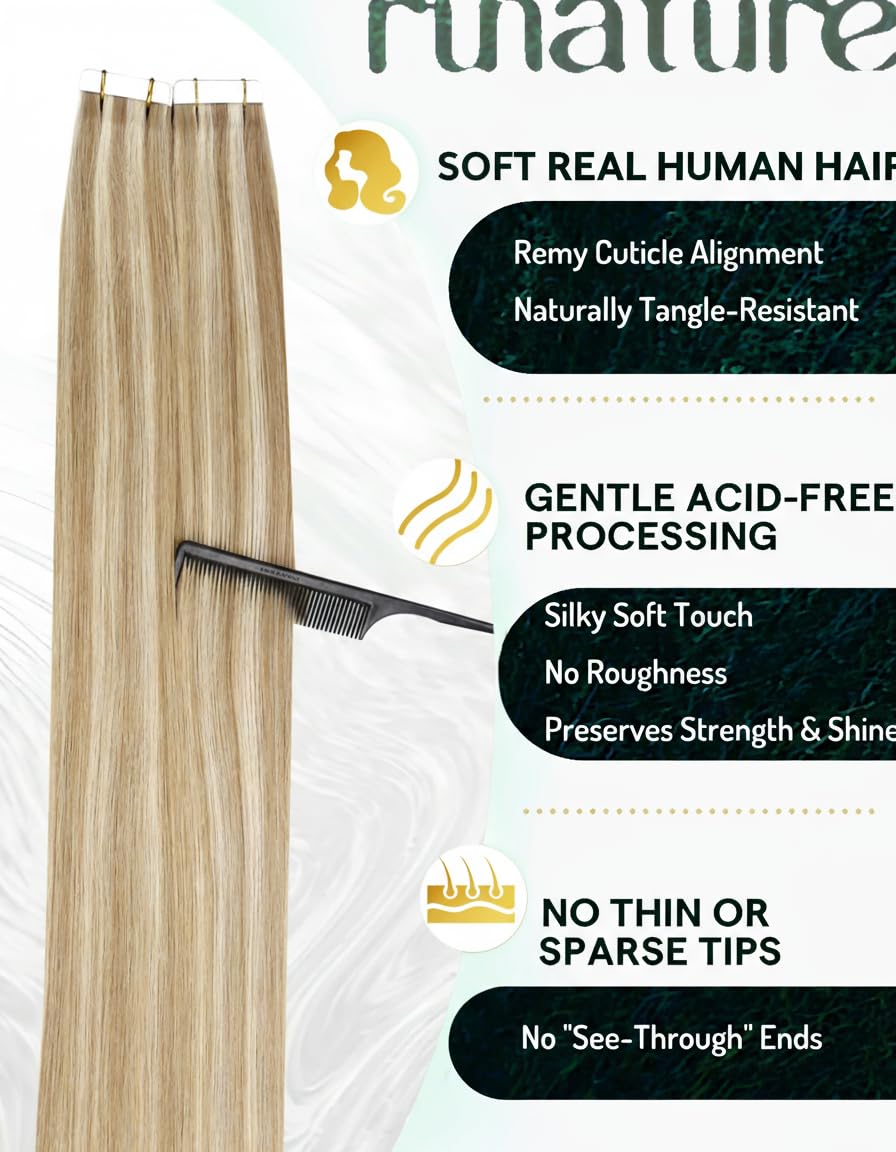 RUNATURE RUNATURE Tape in Hair Extensions Real Human Hair Ash Brown Highlight Platinum Blonde Invisible Tape Hair Extension Straight Human Hair 14 Inch 50g #8P60 in use