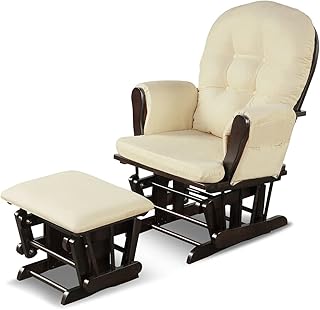Caraya Contemporary Style Rocking Glider Wood Chair with Ottoman Cushion Set Sturdy Stable for Living Room, Bedroom, Nursery Beige
