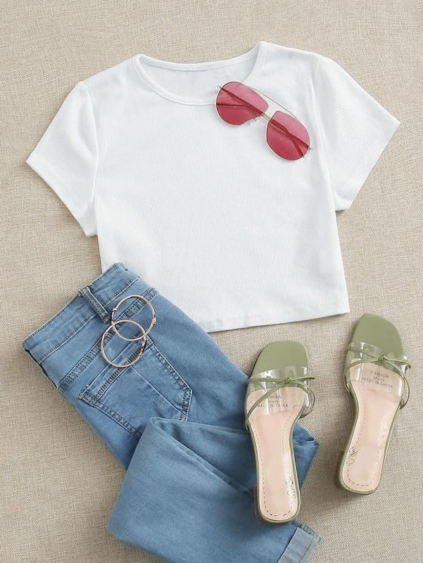 Allimy Womens Summer Short Sleeve Slim Fitted Tshirt Round Neck Ribbed Crop Tops - Image 6