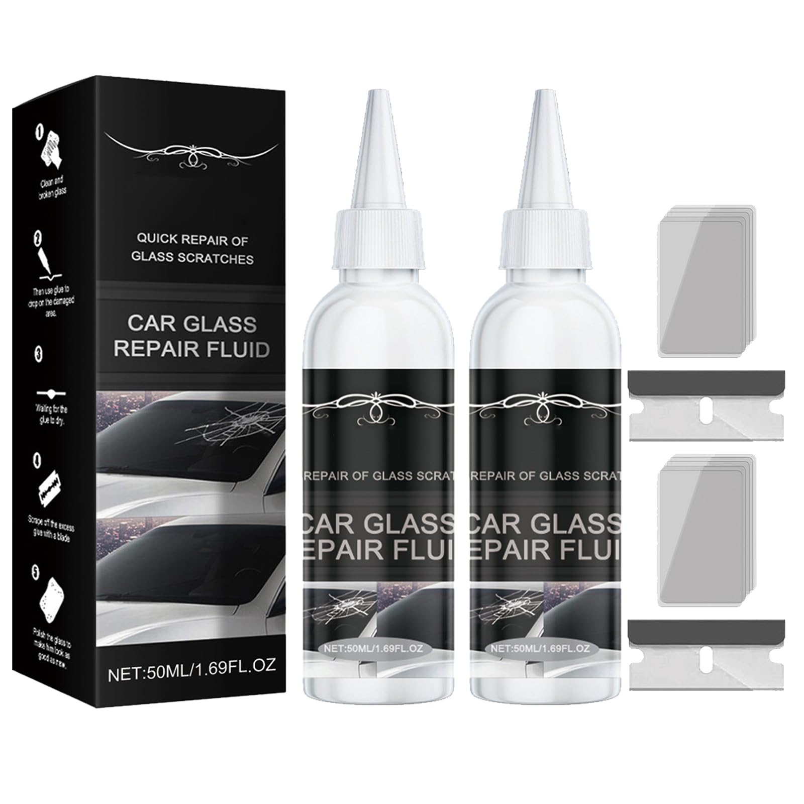 Liquido per la Riparazione Del Vetro,Kit Riparazione Parabrezza Auto,Colla per la Riparazione Fai Da Te per Auto,Liquido per Riparazione Vetri Auto,Kit Riparazione Crepe Vetro,2PC