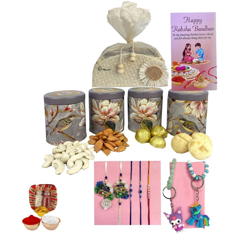Image of NUTRI MIRACLE Raksha Bandhan Gift Box with Rakhi, Almonds, Chocolate Bars, Tilak and Card for Brother and Bhabhi