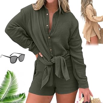 HUIQINGLI Barcelona Breeze Tulle Jumpsuit Set, Satin Romper Dress with Shorts, Women Casual Loose Shirt Tops+Shorts 2 Piece