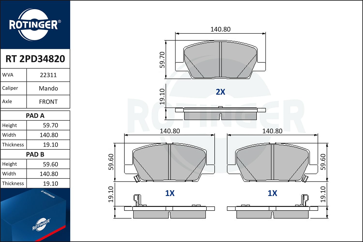 Pastiglie dei freni ROTINGER (Anteriore) RT 2PD34820, ECE R90, Set da 4 pezzi