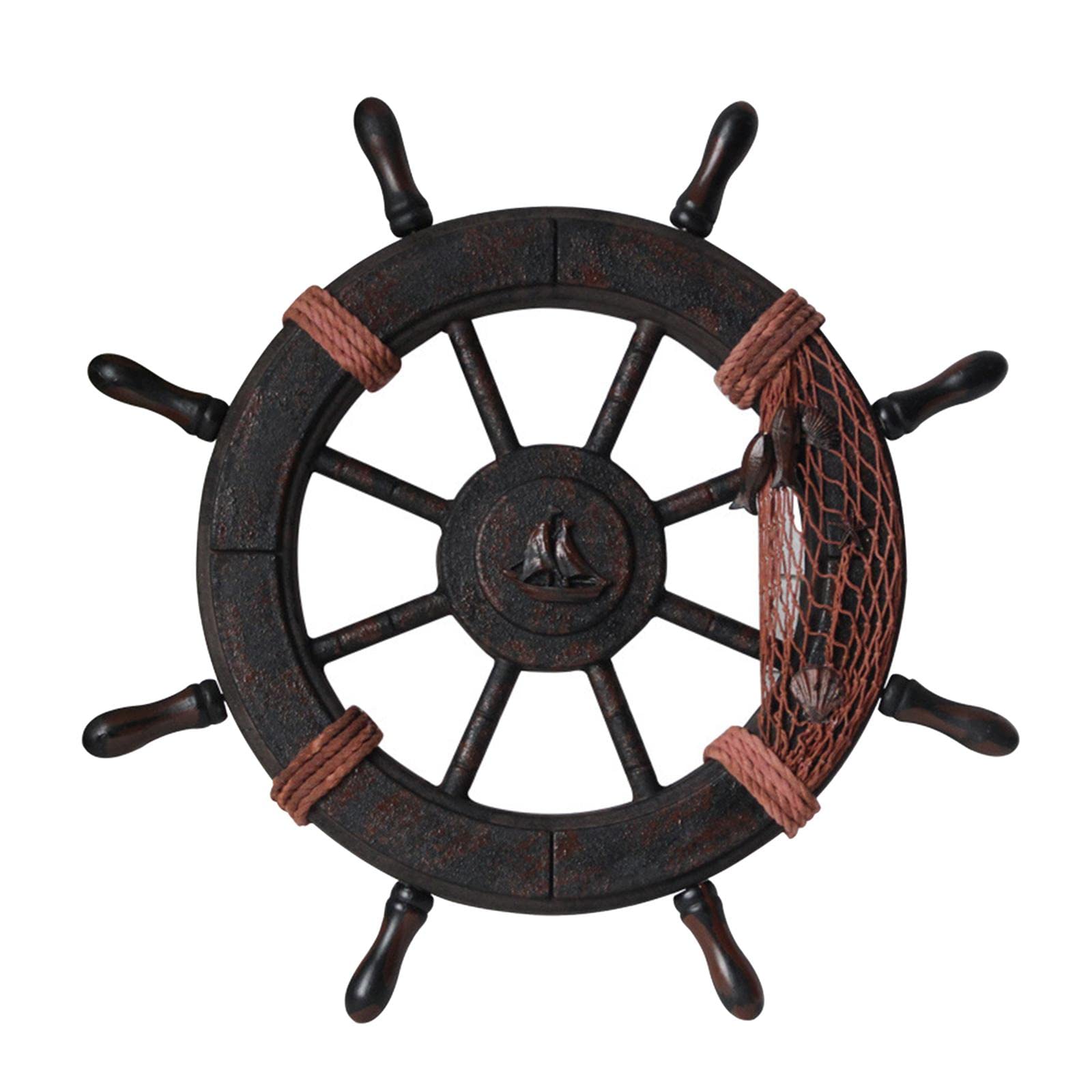 MERIGLARE Mediterranean Nautical Wooden Boat Ship Steering Wheel Wooden Ship Wheel Pirate Decor Wall and Door Hanging Ornament Plaque - 32x3x32cm