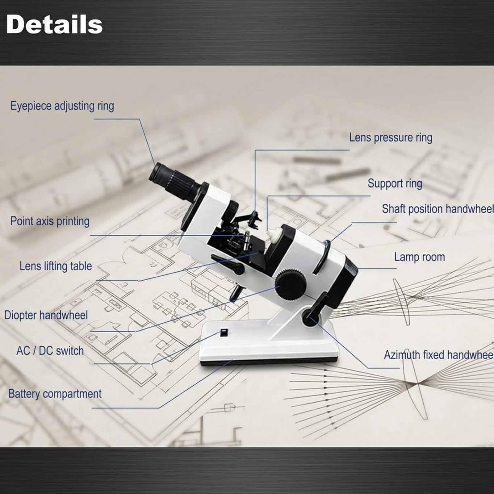 MObyat Frontofocómetro Manual Portátil, Medidor Lentes Ópticas 0 ~±25D/Lectura Externa 0.125D, Alta Precisión, Lentes: Φ16～Φ86mm, para Laboratorio, Centros Ópticos Profesionales