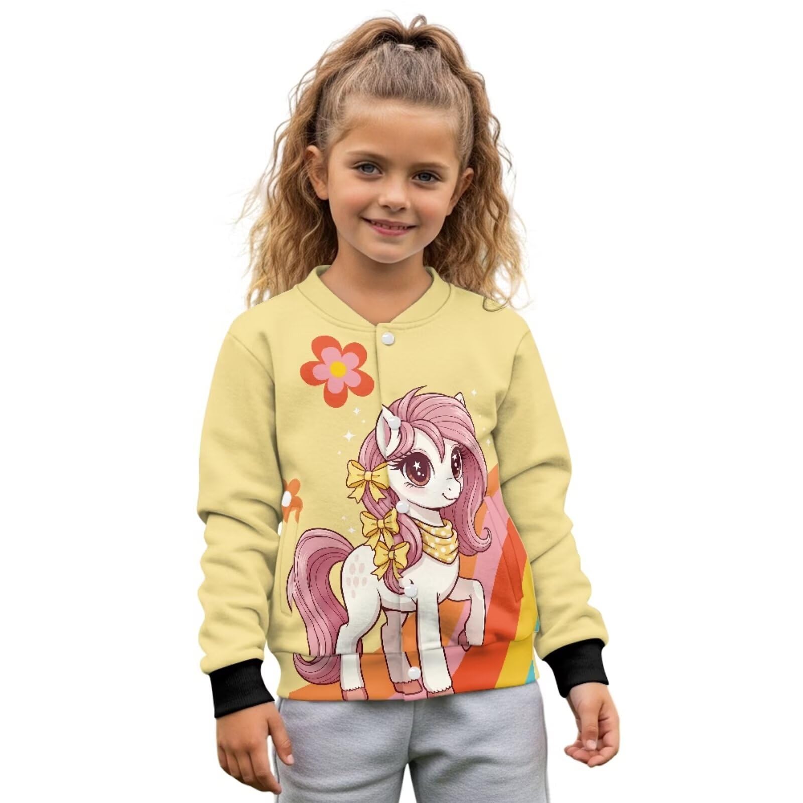 chaqlin Süßes Pferd-Baseballshirt für Mädchen, langärmelig, Kinderpullover, lustige Baseball-Trikots, Shirts 5–6 Jahre, Herbst-Mädchen-Blusen mit Tasche