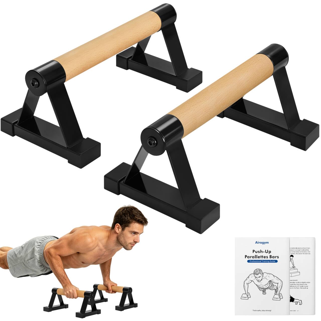 Wood push up bars Parallettes bars Anti-slip Handstand Bars for Calisthenics, Fitness, Floor workouts Solid Wood with Sturdy Metal Bracket, Support 500 lbs