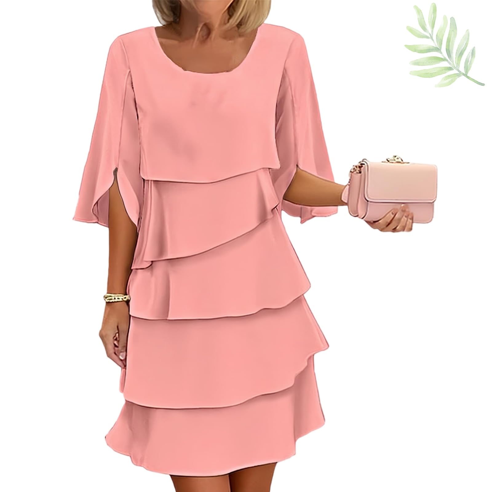 Generisch Elegantes Damen-Kleid mit gestuften Rüschenärmeln – Fließendes Midi-Kleid aus Chiffon mit Rundhalsausschnitt und mehrstufigen Rüschenlagen – Für Freizeit & Party