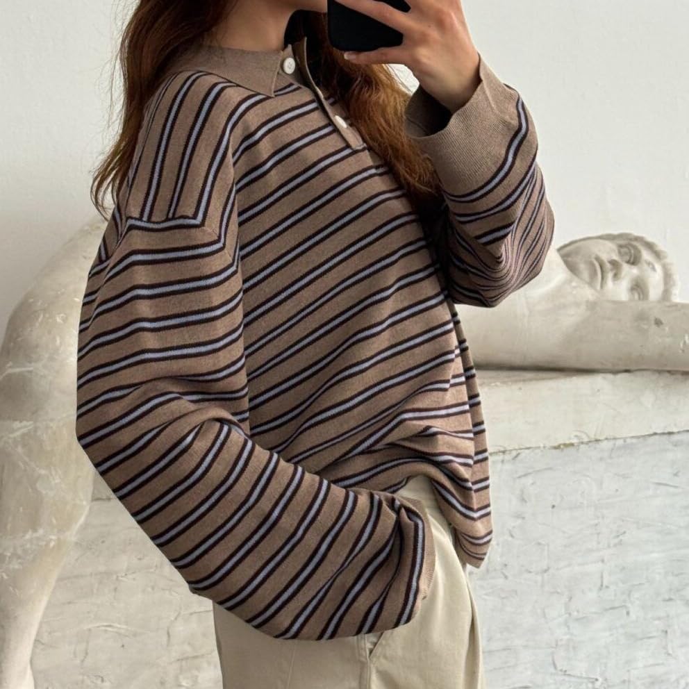 Women Rugby Polo Shirts Oversized Long Sleeve Collared Striped Sweatshirt Y2k Preppy Pullover Tops2