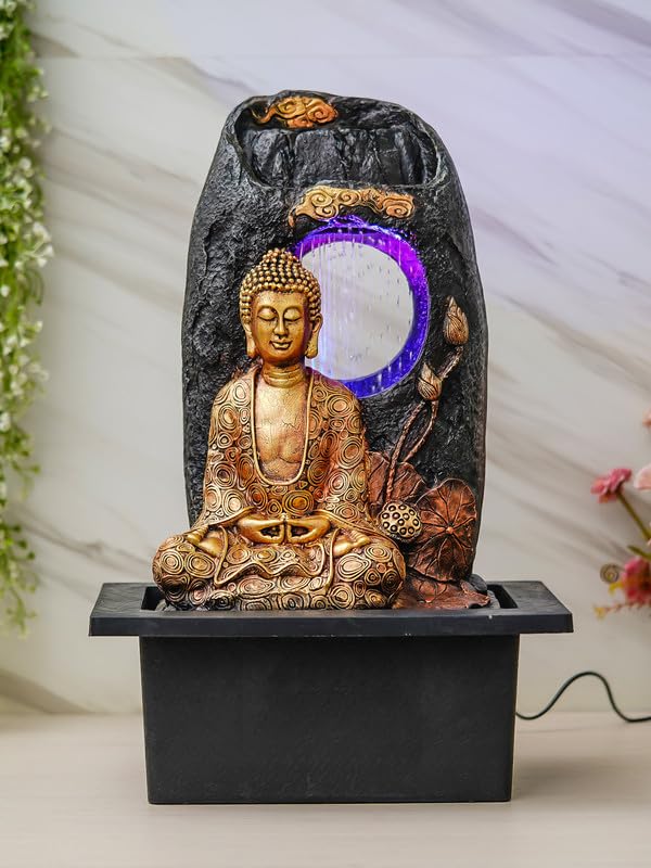 Image of Golden Brown Polyresin Tabletop Buddha Indoor Water Fountain for Home Decor with LED, Speed Control Pump (Size: 37 x 28 x 56 CM | Weight: 2910Gram)