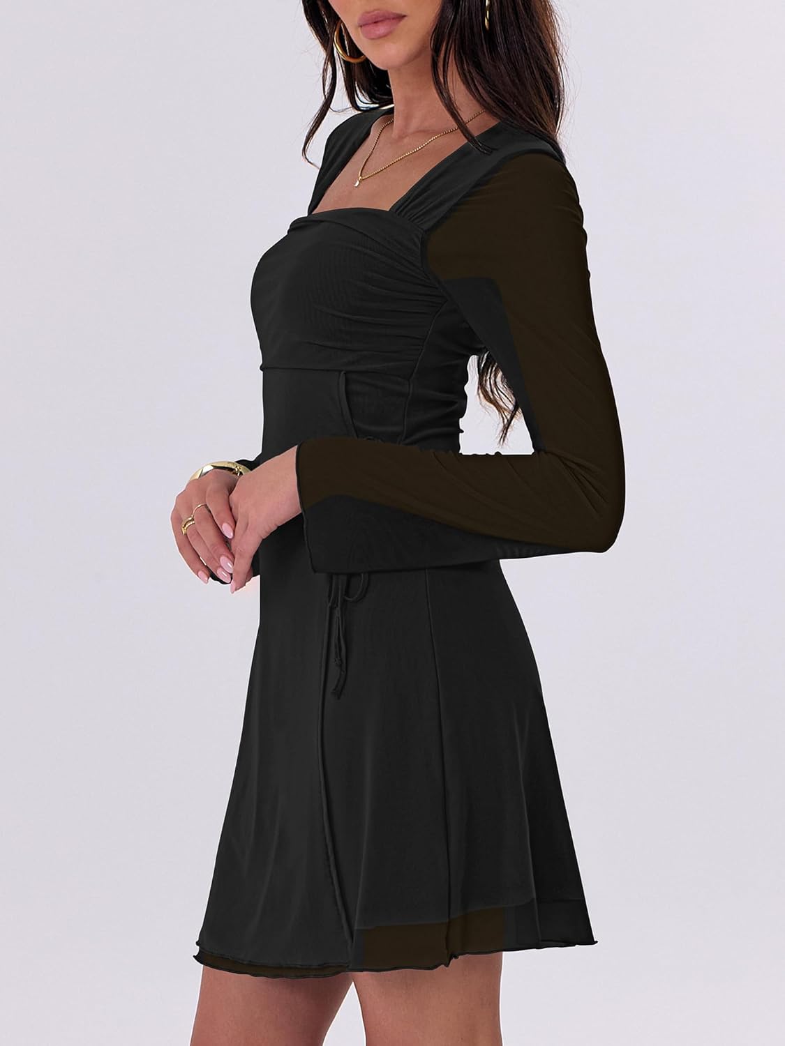 Caracilia Womens Sexy Mesh Ruched Mini Dresses Long Sleeve Square Neck Tie Fall Club Party Cocktail Short Dress 2025 Fashion - Image 4