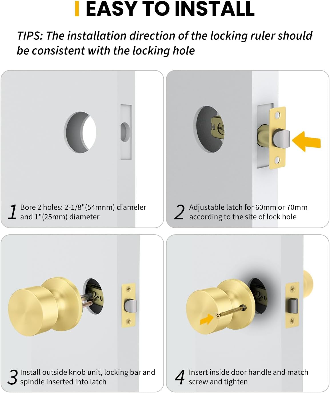 Goldenwarm Gold Door Knobs Interior, Closet Door Knobs Brushed Gold Door Knobs Interior Bulk Passage Door Knob Hallway (6 Pack)