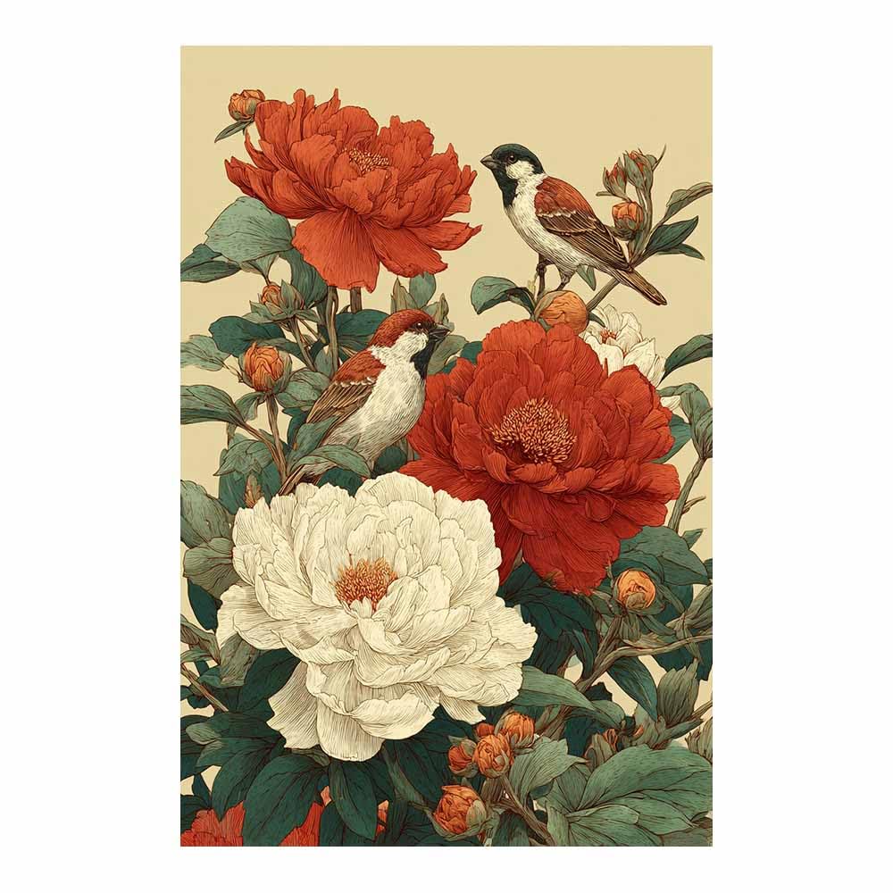 Hoqiu Multicolor Botanical Prints Vintage Bird & Peony Artwork, Wall Decoration Living Room Bedroom Hallway Stairs Decoration.(Multicolor)-30X40cm Unframed