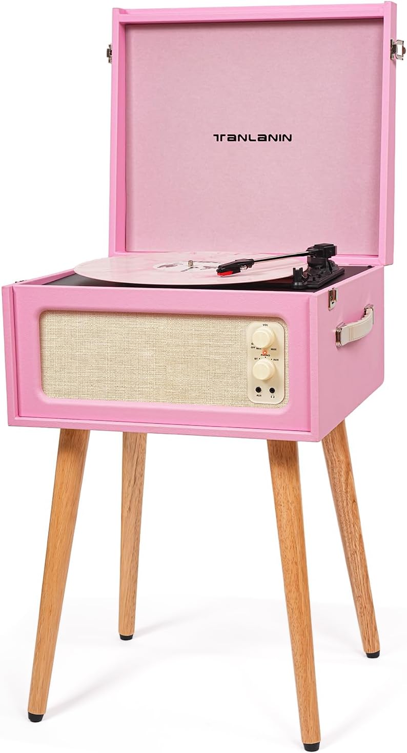 Vintage Standing Pink Vinyl Record Player with Detachable Legs, Built-in 4 Speakers, USB to PC Encoding, 33/45/78 RPM LP Player Bluetooth Retro Turntables Support Headphone Jack, RCA Out, AUX in Light Pink