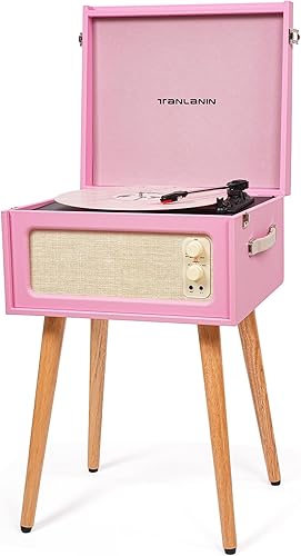 Reproductor de discos de vinilo rosa vintage con patas desmontables, 4 altavoces integrados, codificación USB a PC, reproductor LP de 334578 RPM,