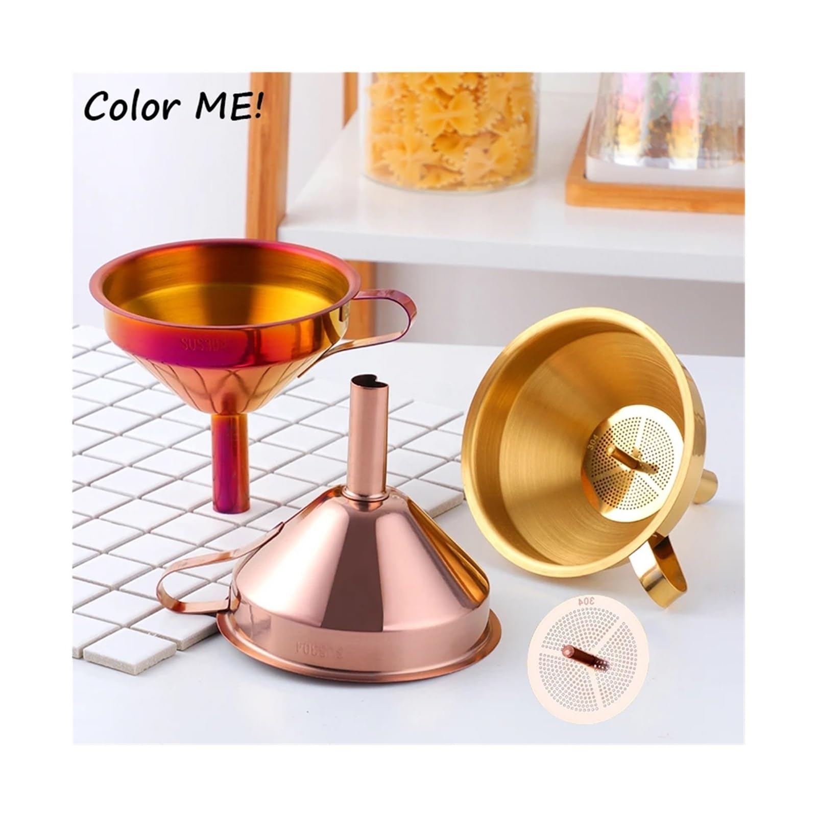 Embudos Embudo de Acero Inoxidable 304 for Aceite de Cocina con Filtro Desmontable for llenar Botellas y enlatar, Embudo de Metal Dorado.(Rainbow No.0)