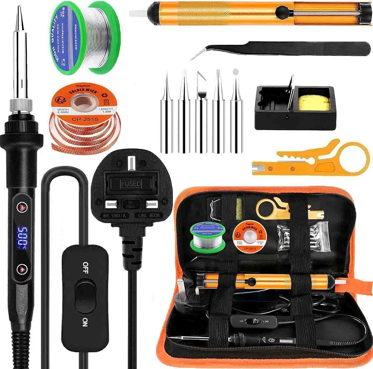 Soldering Iron Kit 80W Ceramic Heating, LCD Adjustable Temperature 180-500°C, 13in1 Welding Tool with Switch Solder Wire, Solder Wick, 5 Soldering Tips, Desoldering Pump, Wire Stripper, Stand, Tweezer