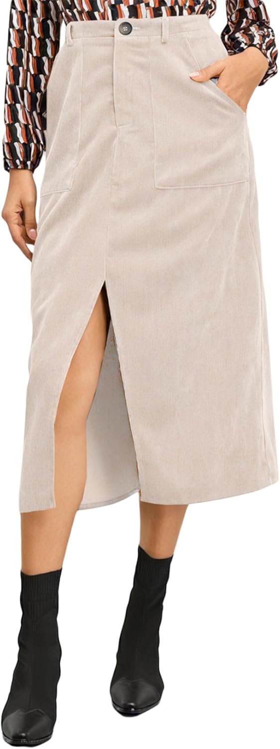 Happy Sailed Womens Corduroy Skirts Casual Dressy High Waist A Line Split Midi Skirt with Pockets