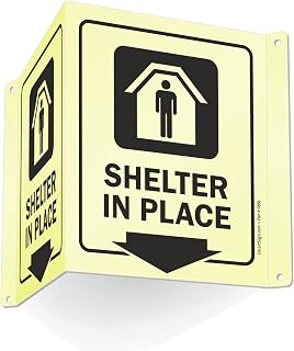 SmartSign "Shelter in Place" Projecting Sign, 6 x 5 inch, Two-Sided V-Shaped Emergency Hallway Sign, 40 mil Glow-In-The-Dark Aluminum, Photoluminescent, Made in USA